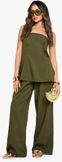 Geweven Broeken Met Elastische Taille En Wijde Pijpen, Olive - 34