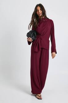 Geweven Draperende Lange Mouw Blouse & Broek Set, Burgundy - 38