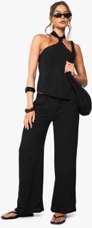 Geweven Gehamerde Wijde Pijpenbroek, Black - 38