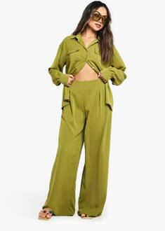 Geweven Geplooide Broek Met Wijde Pijpen, Olive - 38