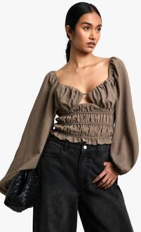 Geweven Geruched Cut-Out Top Met Lange Mouwen, Khaki - 42