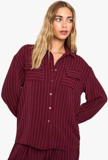 Geweven Gestreept Oversized Overhemd Met Zak, Burgundy - 38