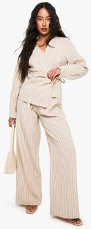 Geweven Gestreepte Broek Met Elastische Taille En Wijde Pijpen, Ecru - 38