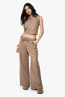 Geweven Getailleerde Broek Met Ceintuur En Wijde Pijpen, Taupe - 40