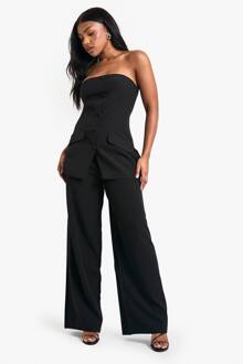 Geweven Getailleerde Geplooide Broek Met Brede Pijpen, Black - 36