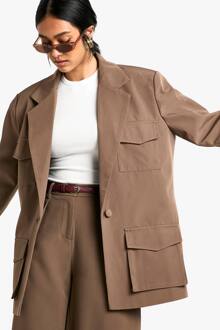Geweven Getailleerde Oversized Blazer Met Pocketdetail, Mocha - 44