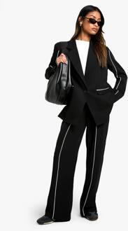 Geweven Getailorde Broek Met Piping En Rechte Pijpen, Black - 36