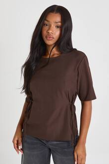 Geweven Marl Top Met Strikdetail En Gesnoerde Taille, Chocolate - 38