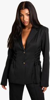 Geweven Op Maat Gemaakte Blazer Met Vetersluiting, Black - 44
