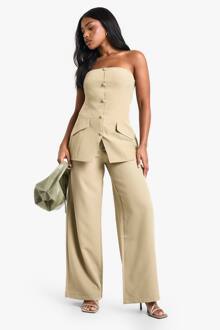 Geweven Op Maat Gemaakte Geplooide Broeken Met Wijde Pijpen, Olive - 36