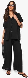 Geweven Overhemd Met Korte Mouwen & Broek Co-Ord, Black - S/M