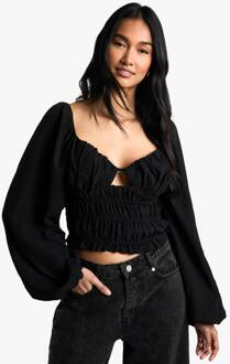 Geweven Shirred Cut-Out Lange Mouw Top, Black - 34