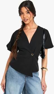 Geweven Top Met Capmouwen En Knopen, Black - 36