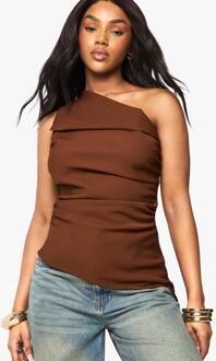 Geweven Top Met Één Schouder En Ruches, Chocolate - 36