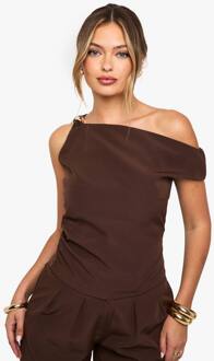 Geweven Top Met Gouden Afwerking En Draperende Mouwen, Mocha - 36