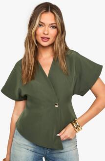 Geweven Top Met Knoopjes En Capmouwen, Olive - 34