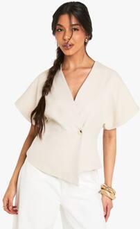 Geweven Top Met Knopen En Capmouwen, Stone - 40