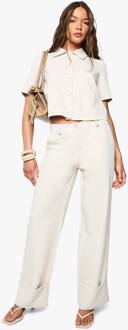 Geweven Turn Up Broek Met Wijde Pijpen, Ecru - 44