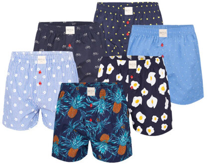 Geweven wijde boxershorts heren 6-pack multipack met print Blauw