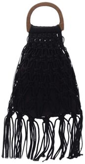 Geweven Zak Houten Draagbare Hollow Katoenen Touw Kwastje Strandtas Netto Zak Gebreide Handtas zwart