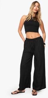 Gewoven Getextureerde Broek Met Wijde Pijpen, Black - M/L