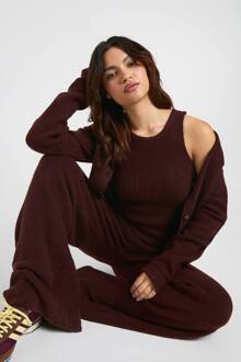 Gezellige Gebreide Ronde Hals Cardigan, Gebreide Tank En Wijde Pijpbroek 3-Delige Co-Ord, Chocolate - L