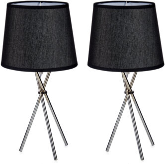 Giftdecor 2x stuks design tafellampen/schemerlampjes zwarte kap en stalen poten 38 cm