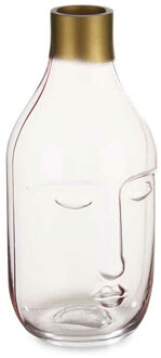 Giftdecor Bloemenvaas Crystal Face - luxe deco glas - roze transparant - D11 x H24 cm - gouden top