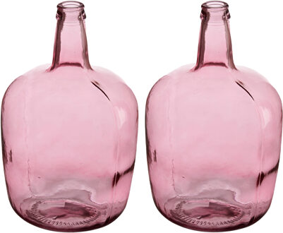 Giftdecor Bloemenvazen 2x stuks - flessen model - glas - roze transparant - 22 x 39 cm - Vazen