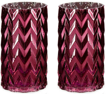 Giftdecor Bloemenvazen 2x stuks - luxe decoratie glas - donkerroze - 11 x 20 cm