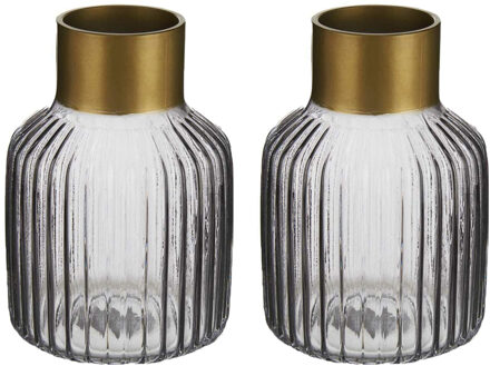 Giftdecor Bloemenvazen 2x stuks - luxe decoratie glas - grijs/goud - 12 x 18 cm