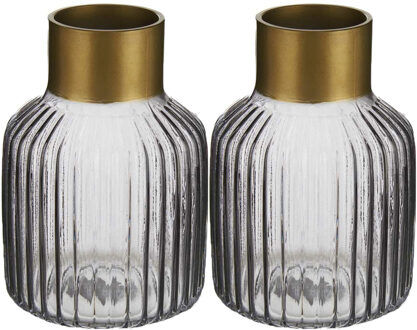 Giftdecor Bloemenvazen 2x stuks - luxe decoratie glas - grijs/goud - 14 x 22 cm