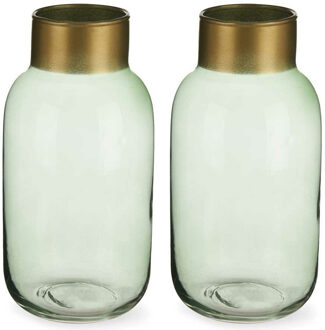 Giftdecor Bloemenvazen 2x stuks - luxe decoratie glas - groen/goud - 12 x 24 cm