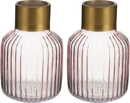 Giftdecor Bloemenvazen 2x stuks - luxe decoratie glas - roze/goud - 14 x 22 cm - Vazen Transparant