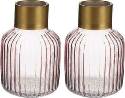 Giftdecor Bloemenvazen 2x stuks - luxe decoratie glas - roze/goud - 14 x 22 cm
