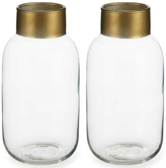 Giftdecor Bloemenvazen 2x stuks - luxe decoratie glas - transparant/goud - 14 x 30 cm