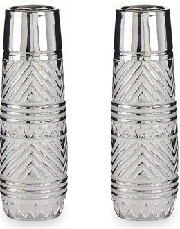 Giftdecor Bloemenvazen 2x stuks - zilver met modern luxe motief - 10 x 30 cm - keramiek