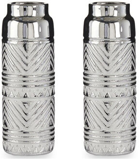 Giftdecor Bloemenvazen 2x stuks - zilver met modern luxe motief - 10 x 30 cm - keramiek