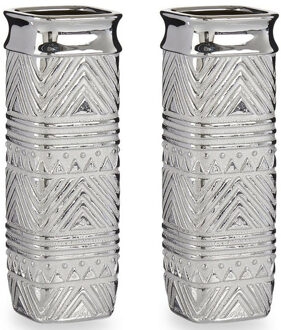 Giftdecor Bloemenvazen 2x stuks - zilver modern vierkant - 10 x 30 cm - keramiek