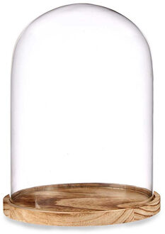 Giftdecor Decoratie stolp - glas - houten lichtbruin plateau - D20.5 x H28 cm - Decoratieve stolpen Transparant