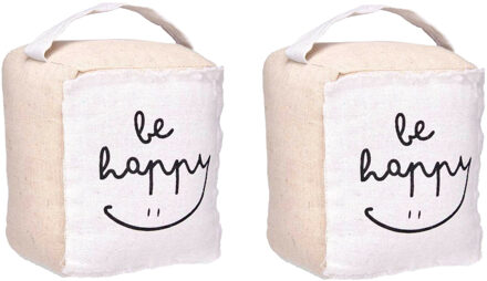 Giftdecor Deurstopper - 2x - 1 kilo - beige - canvas - Be happy - 14,5 x 16 x 19 cm