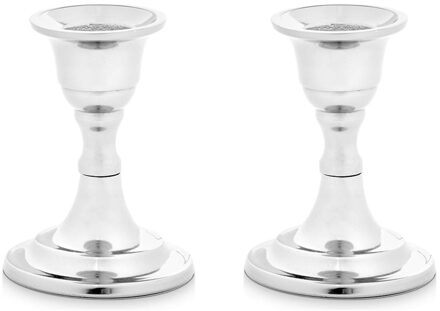 Giftdecor Kaarsen kandelaar van decoratief metaal - 2x - voor dinerkaarsen - zilver - D6 x H8 cm