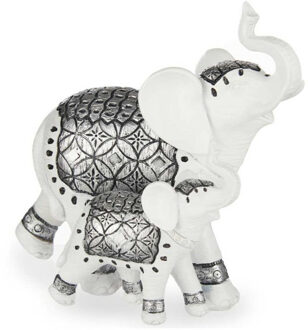 Giftdecor Olifant met jong dierenbeeldje/woondecoratie wit 21 x 11 cm