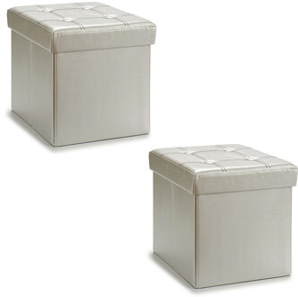 Giftdecor Poef Square BOX - 2x - hocker - opbergbox - zilvergrijs - polyester/mdf - 31 x 31 cm - opvouwbaar - Poefs