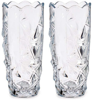 Giftdecor Set van 2x stuks bloemenvazen diamant relief 13,5 x 29 cm van glas - Vazen Transparant