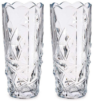 Giftdecor Set van 2x stuks bloemenvazen diamant relief 8 x 19,5 cm van glas - Vazen Transparant