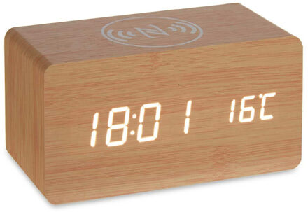Giftdecor Tafelklok/wekker Josimity - beige - MDF - 15 x 7 cm - Digitale tijd - temperatuur - opladen