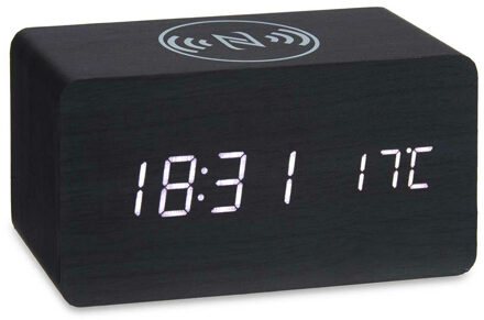 Giftdecor Tafelklok/wekker Josimity - zwart - MDF - 15 x 7 cm - Digitale tijd - temperatuur - opladen