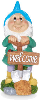 Giftdecor Tuinkabouter beeldje met Welcome bord - Polyresin - muts blauw - 27 cm - decoratie dwerg - Tuinbeelden