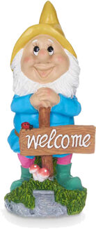 Giftdecor Tuinkabouter beeldje met Welcome bord - Polyresin - muts geel - 27 cm - decoratie dwerg - Tuinbeelden